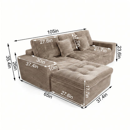 Modular Cloud Sofa Set, 105" DIY Sectional with Ottoman, Pure Foam, Faux Rabbit Fur Velvet, Comfortable Living Room Couch Khaki image 3