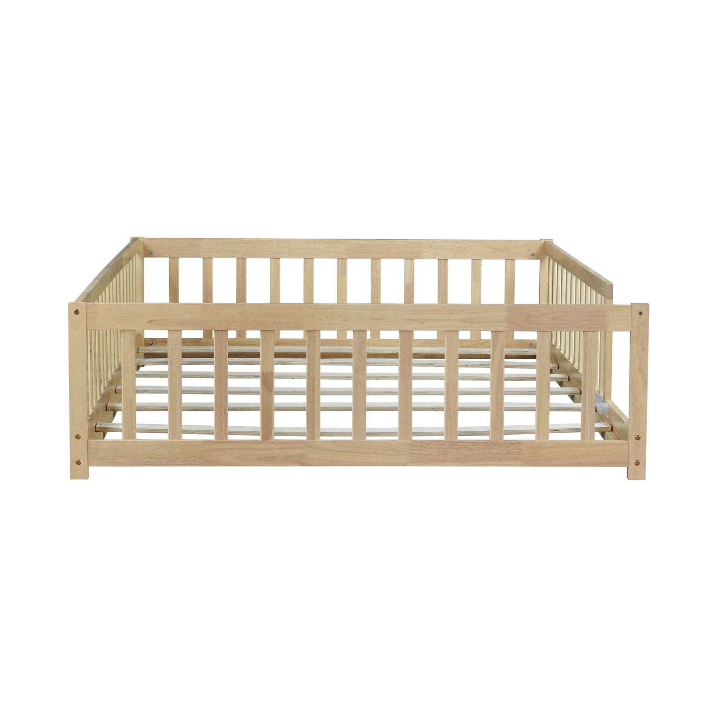 Full Size Floor Bed with Fence without Door,Rubber Wood Floor Bed with Safety Guardrails,Natural image 10