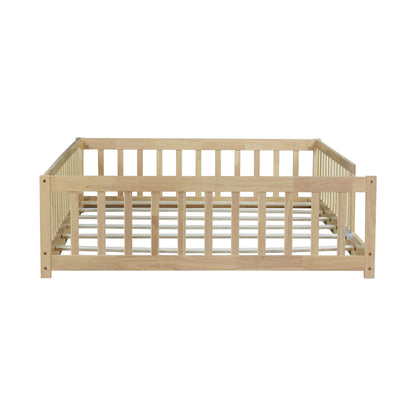 Full Size Floor Bed with Fence without Door,Rubber Wood Floor Bed with Safety Guardrails,Natural image 10