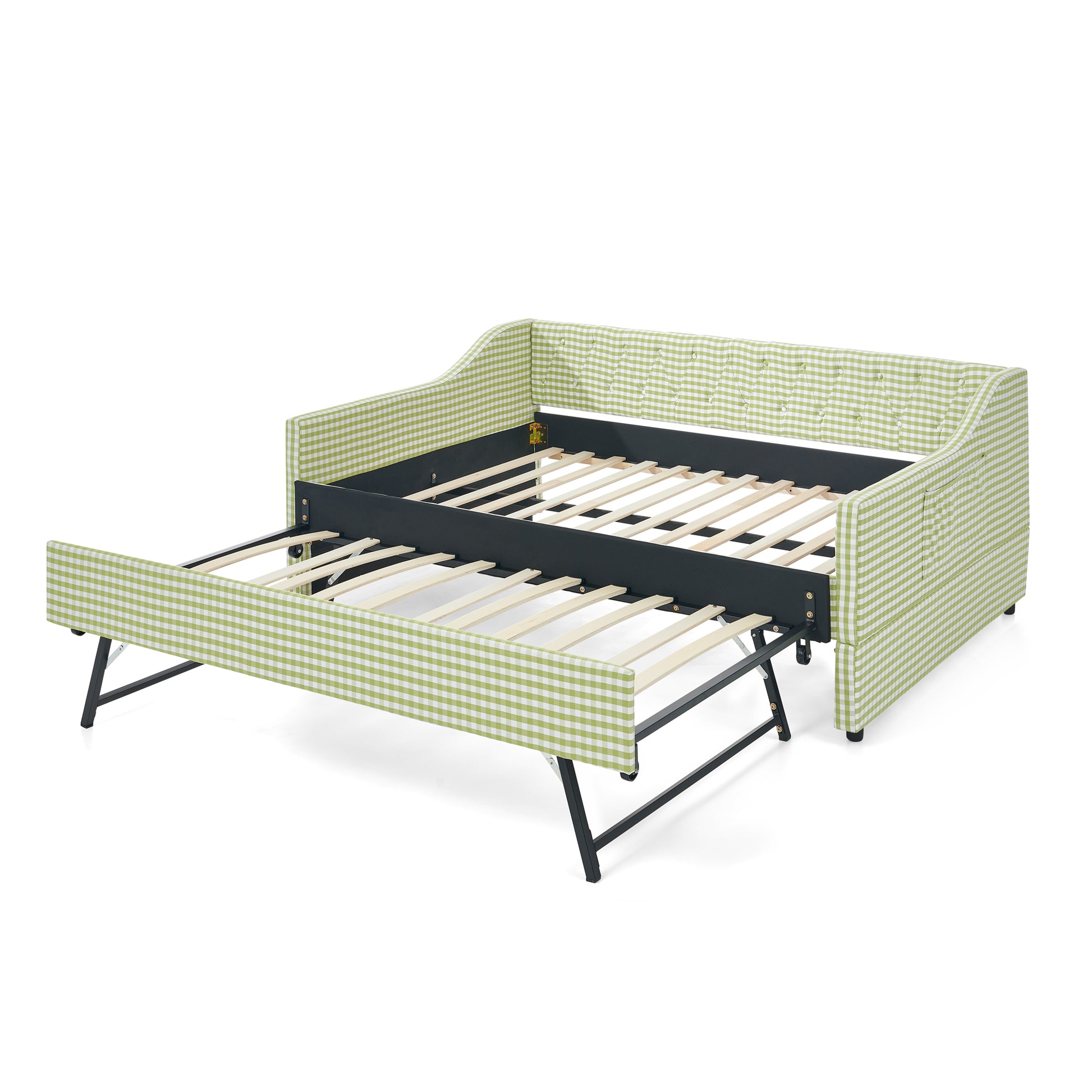 Full‑Size Daybed,Upholstered Convertible Daybed with Tufted Button Backrest, 3‑in‑1 Versatile Sofa Bed with Pull‑Out Trundle & Side Storage, Perfect for Compact Living-Green image 11