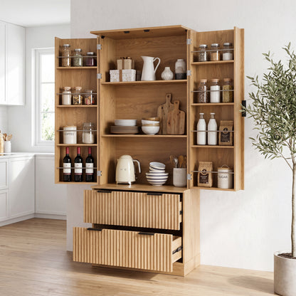 72" Modern Fluted Kitchen Pantry Cabinet with 2 Large Drawers & 8-Door Spice Rack, Freestanding Storage Organizer for Bathroom, Dining Room, Office, Entryway, Oak image 3