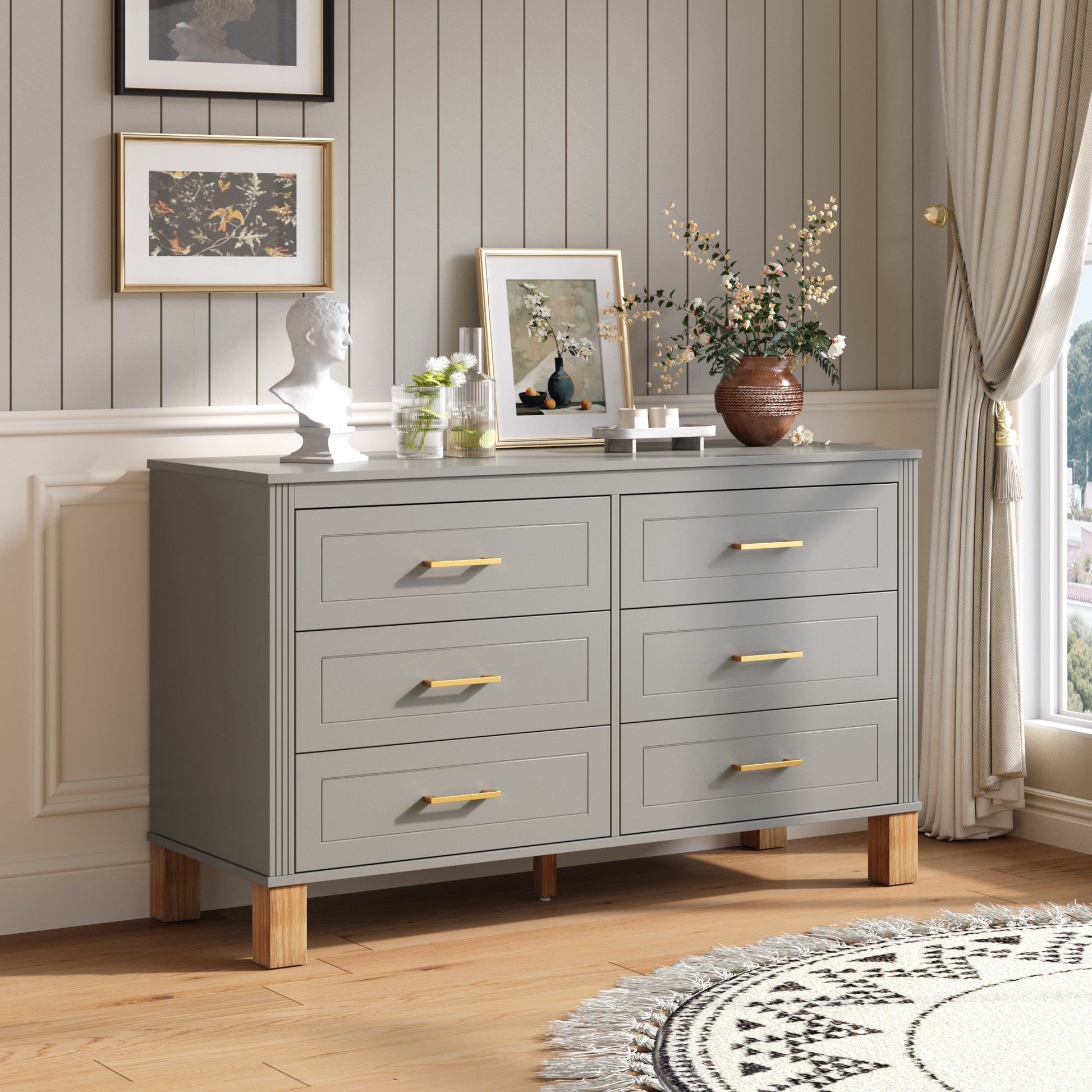 6-Drawer Double Dresser in Gray, Modern Storage Cabinet with Metal Handles & Solid Wood Legs, Dresser Drawer Organizer for Kids Bedroom, Heavy-Duty Wooden Dresser with Pre-Installed image 2