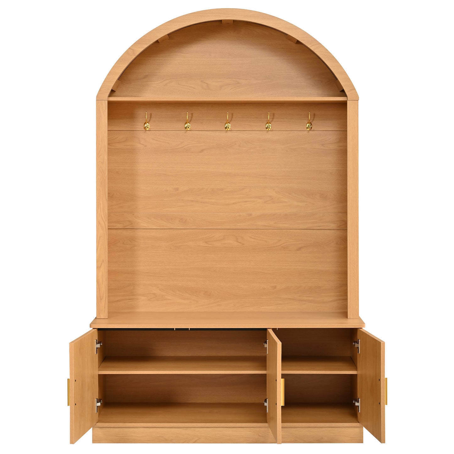 Farmhouse Fabric Arched Top Hall Tree with 5 Metal Hooks, All-in-One Mudroom Furniture with Adjustable Shelves, Mid-Century Fluted Door Entryway Bench with Wood Grain Finish for Hallway, Natural image 11