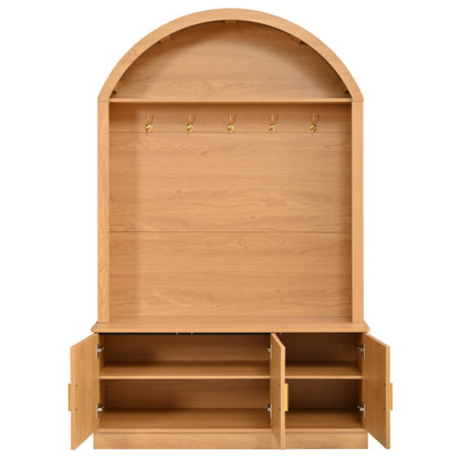 Farmhouse Fabric Arched Top Hall Tree with 5 Metal Hooks, All-in-One Mudroom Furniture with Adjustable Shelves, Mid-Century Fluted Door Entryway Bench with Wood Grain Finish for Hallway, Natural image 11