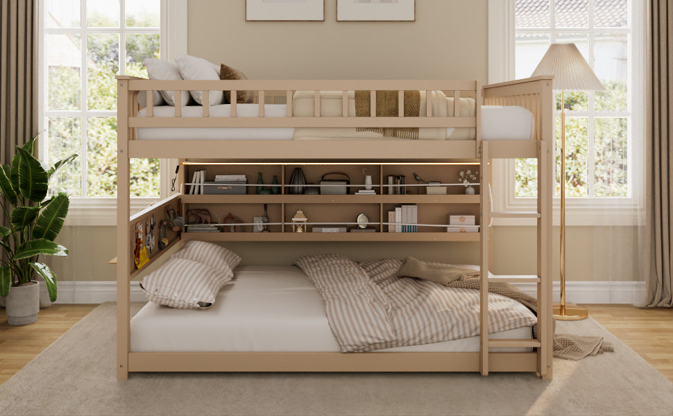 Full over Full Bunk Bed with Integrated Shelving, Color-Changing Lights and Pegboard, Beige image 3