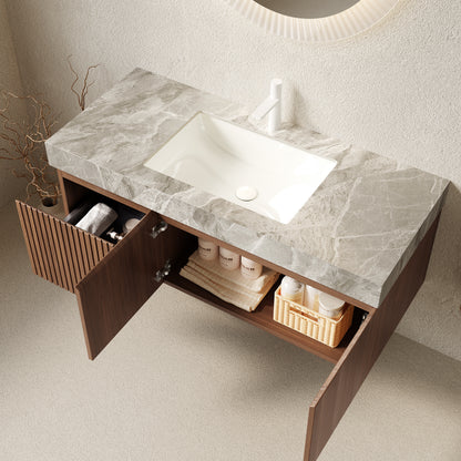 MURI 48" Bathroom Vanity&Sink, Floating Plywood Storage Cabinet with Drawer&Doors, Light Gray Sintered Stone Top&Ceramic Basin with 1 Pre-drilled Faucet Hole, Pre-assembled, Brown Oak Woodgrain Color image 2