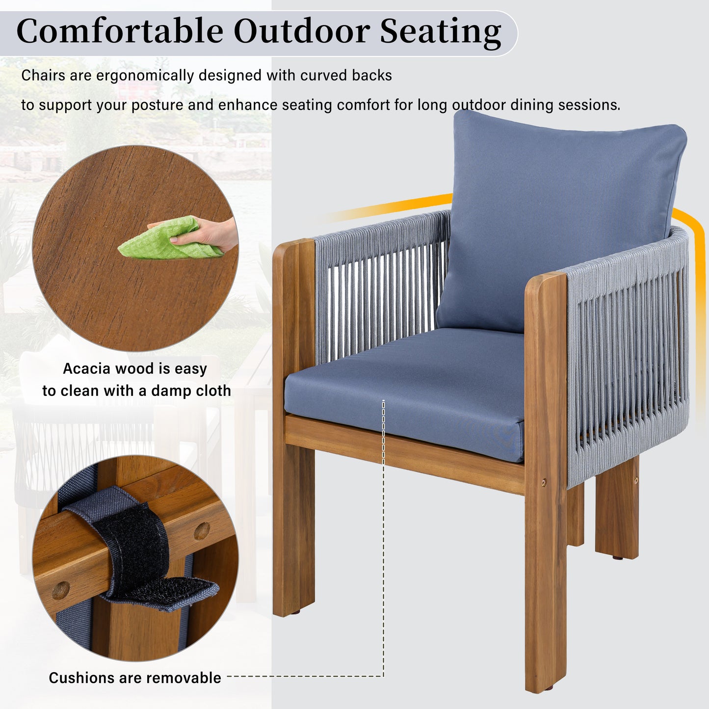 U_STYLE Luxury 5-Piece Outdoor Patio Dining Set for 4, Solid Acacia Wood Dinning Set with Rope Woven Chairs,Farmhouse Dining Furniture Set for Garden, Backyard, Poolside image 9
