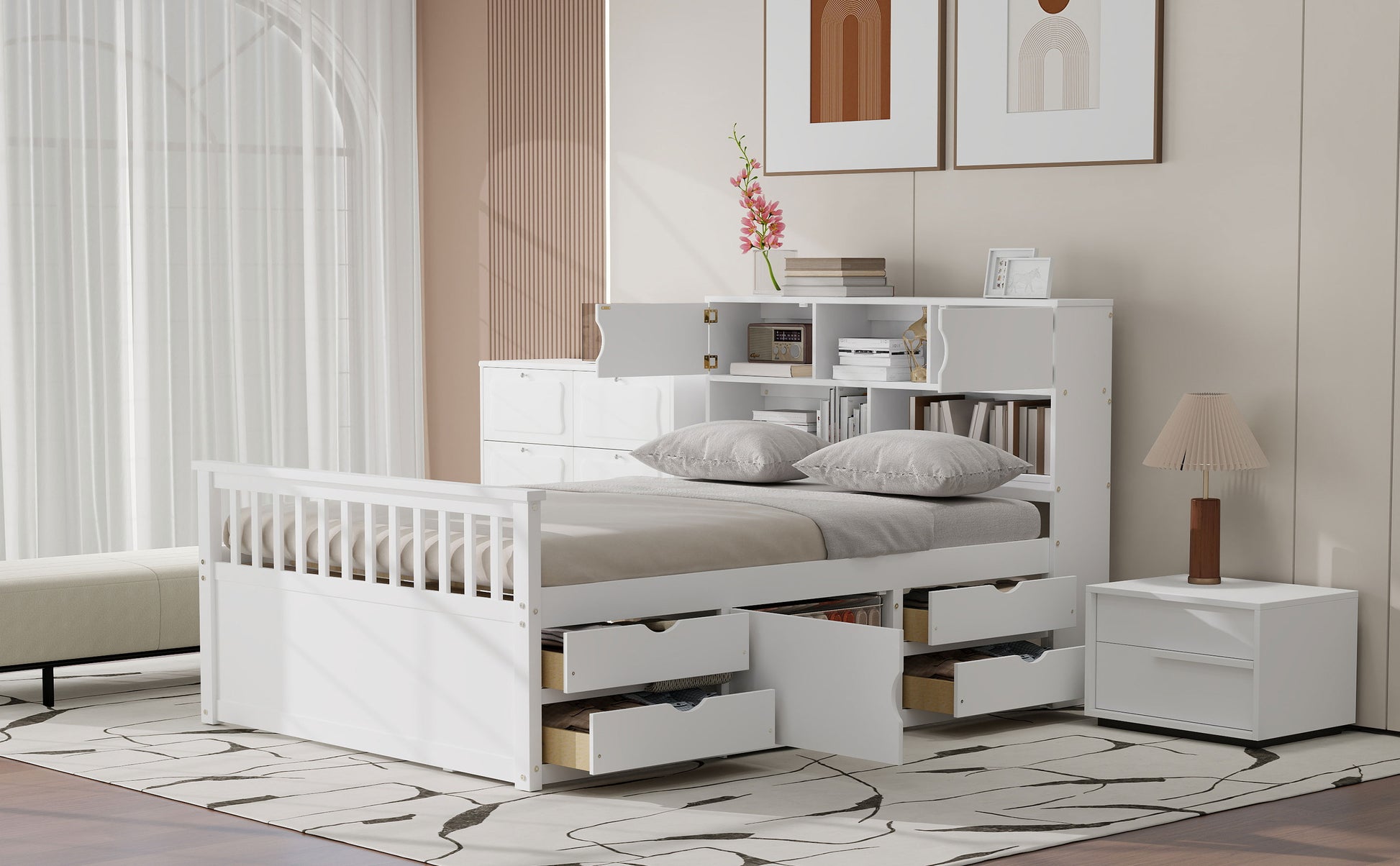 Full Size Captain Platform Bed Frame with Storage Bookcases and Shelves,Four Drawers,White image 8