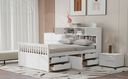 Full Size Captain Platform Bed Frame with Storage Bookcases and Shelves,Four Drawers,White image 8