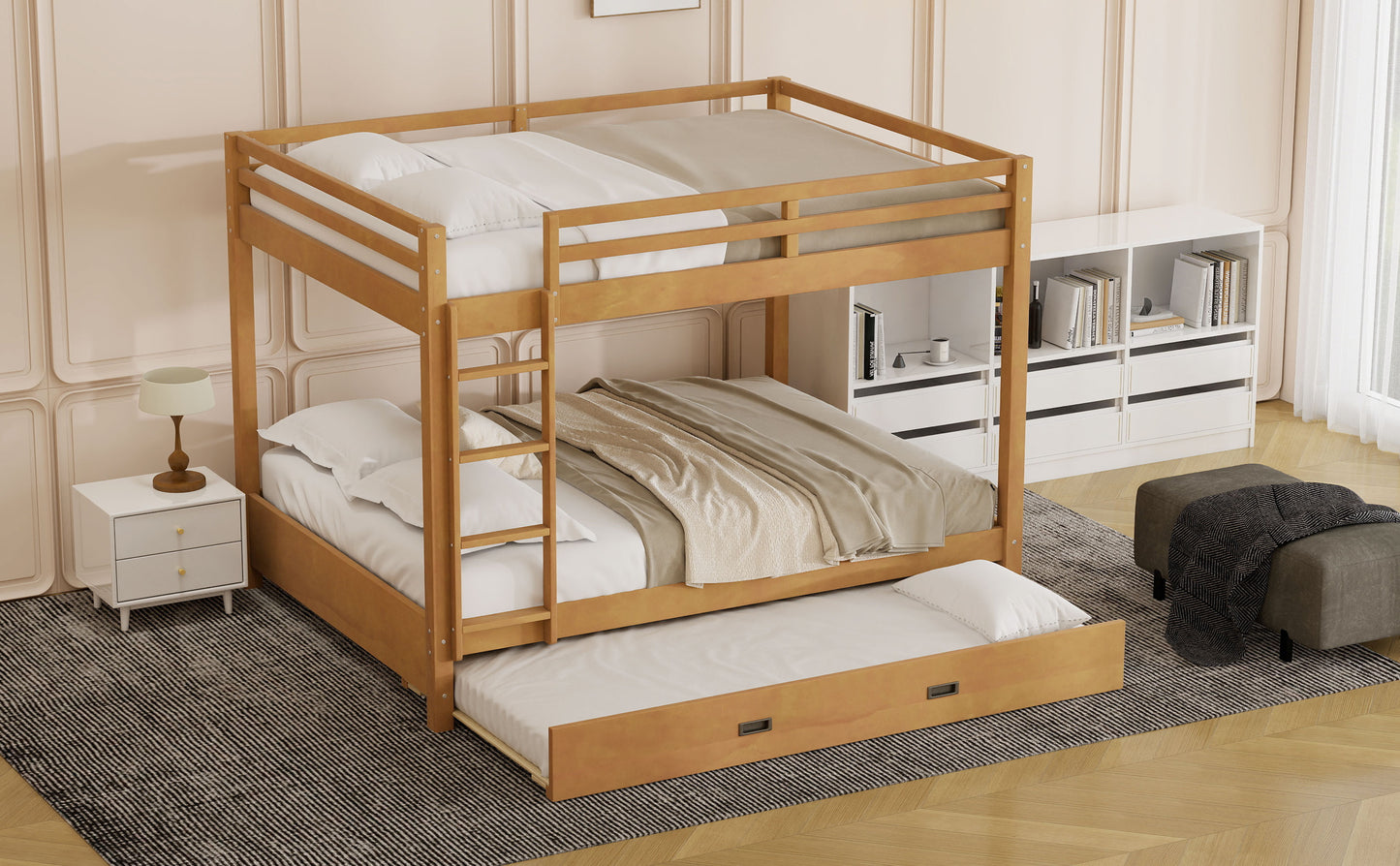 Wood Queen Size Bunk Bed with Ladder and Trundle, Wood Color image 6