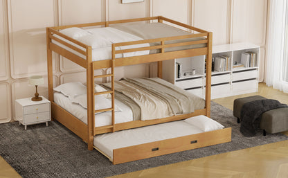 Wood Queen Size Bunk Bed with Ladder and Trundle, Wood Color image 6