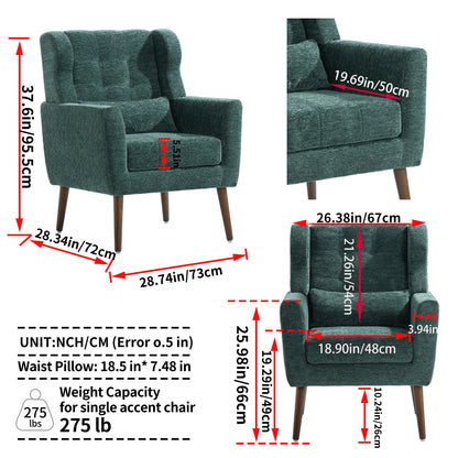Modern Accent Chair,Chenille Arm Chairs for Living Room,Upholstered Mordern Armchair,Comfy Soft Padded Lounge Chair in Small Space, Bedroom, w/Pillow, Solid Wood Leg (Blackish Green) image 7