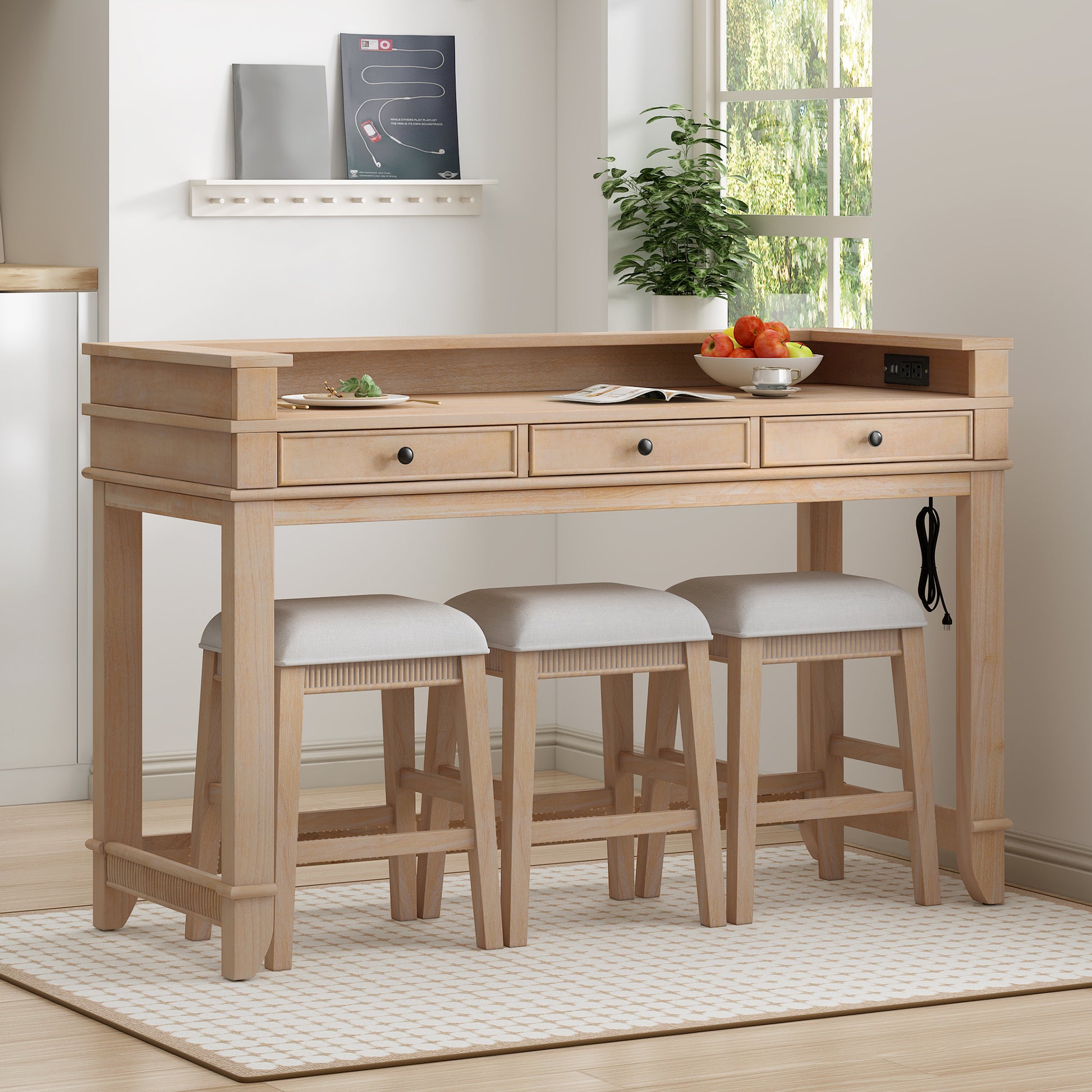 TREXM 4-Piece Dining Table Set for 3, Retro Kitchen Table and Chairs Set with 3 Storage Drawers, Ideal for Small Spaces (Natural) image 1