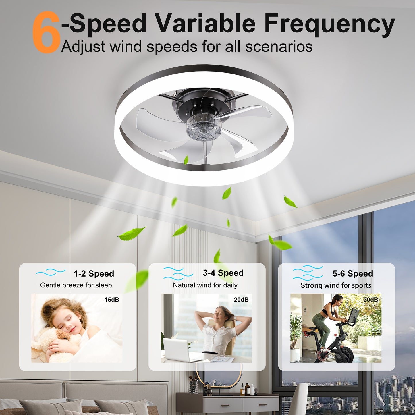 19.7'' LED Ceiling Fan Light with Remote & App Control, 6 Speeds, Dimmable, 3000K-6500K, Flush Mount BLACK Fandelier for Bedroom image 2