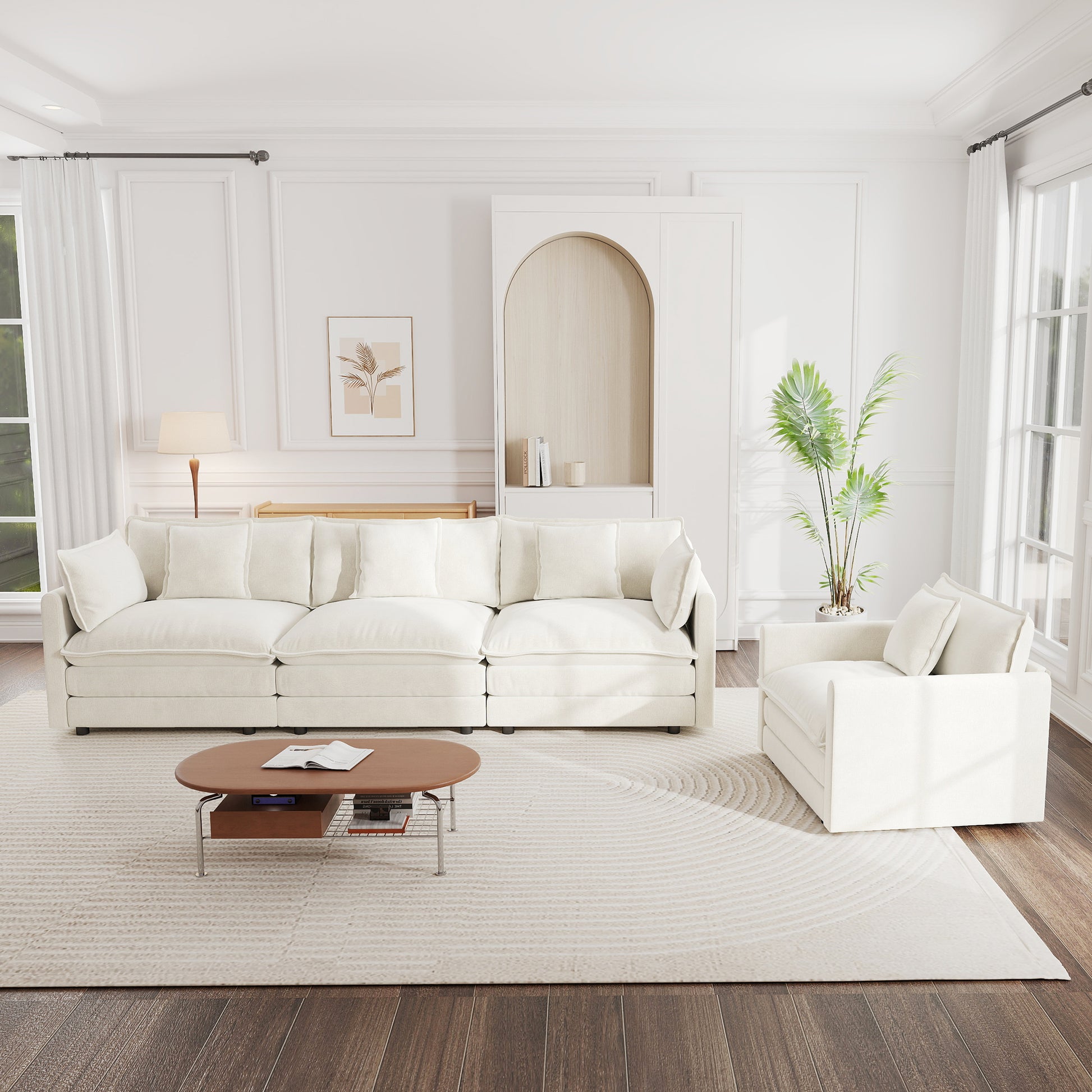 Sofa Set of 2 Chenille Couch, 2+3 Seater Sofa Set Deep Seat Sofa, Modern Sofa Set for Living Room, White Chenille image 2