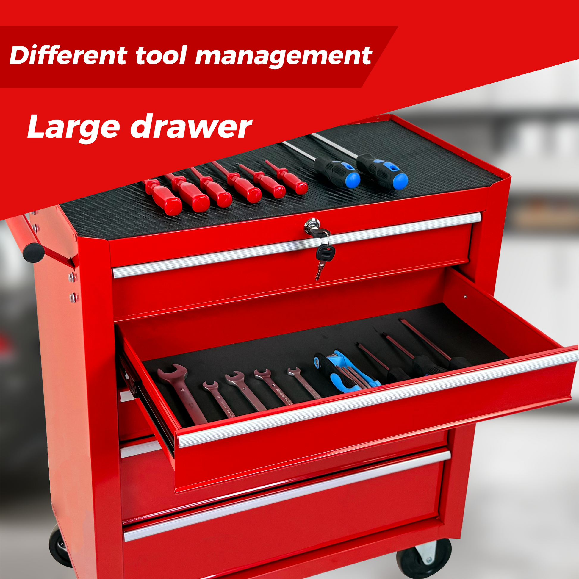 5-Drawer Rolling Tool Chest w/Lock & Key, Tool Storage Cabinet with Wheels, Top Cushion & Drawer Liners, Tool Organizer Box for Garage, Warehouse & Repair Shop-RED image 6