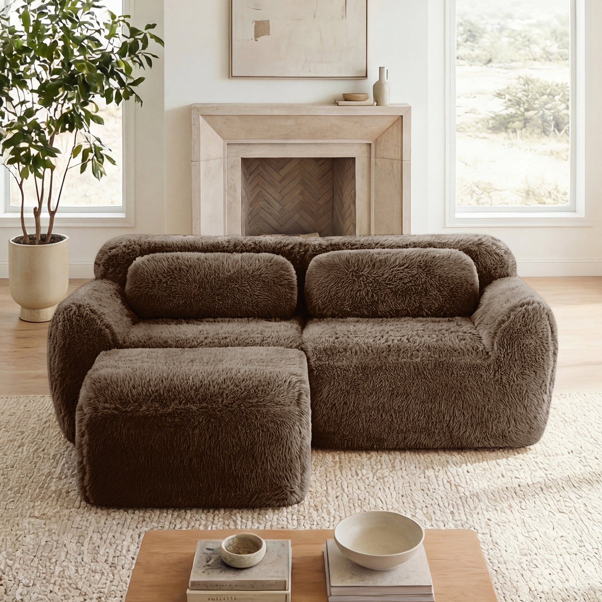 L-shaped Boneless Sofa,Soft Fluffy Plush Fabric,With Chaise 32D High Density Sponge,No Assembly Required,Ergonomic Design Bottom Anti-Slip Design,With Throw Pillows,Fits Bedrooms,Chocolate image 1