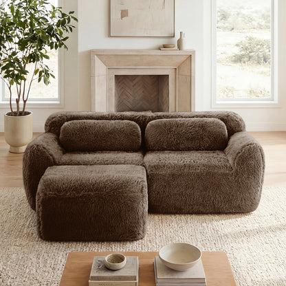 L-shaped Boneless Sofa,Soft Fluffy Plush Fabric,With Chaise 32D High Density Sponge,No Assembly Required,Ergonomic Design Bottom Anti-Slip Design,With Throw Pillows,Fits Bedrooms,Chocolate image 1