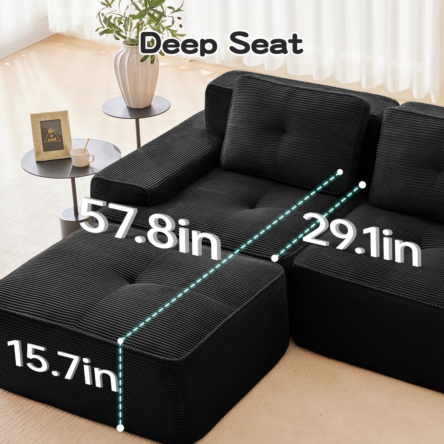 Modular Sectional Sofa with 5-Seater,V Shaped Corner Couch,Corduroy Fabric,2 Movable Ottomans, Deep Seat for Living Room, Pearl-like piping, Tufted Design, No Assembly, Anti-slip Design,Black image 5