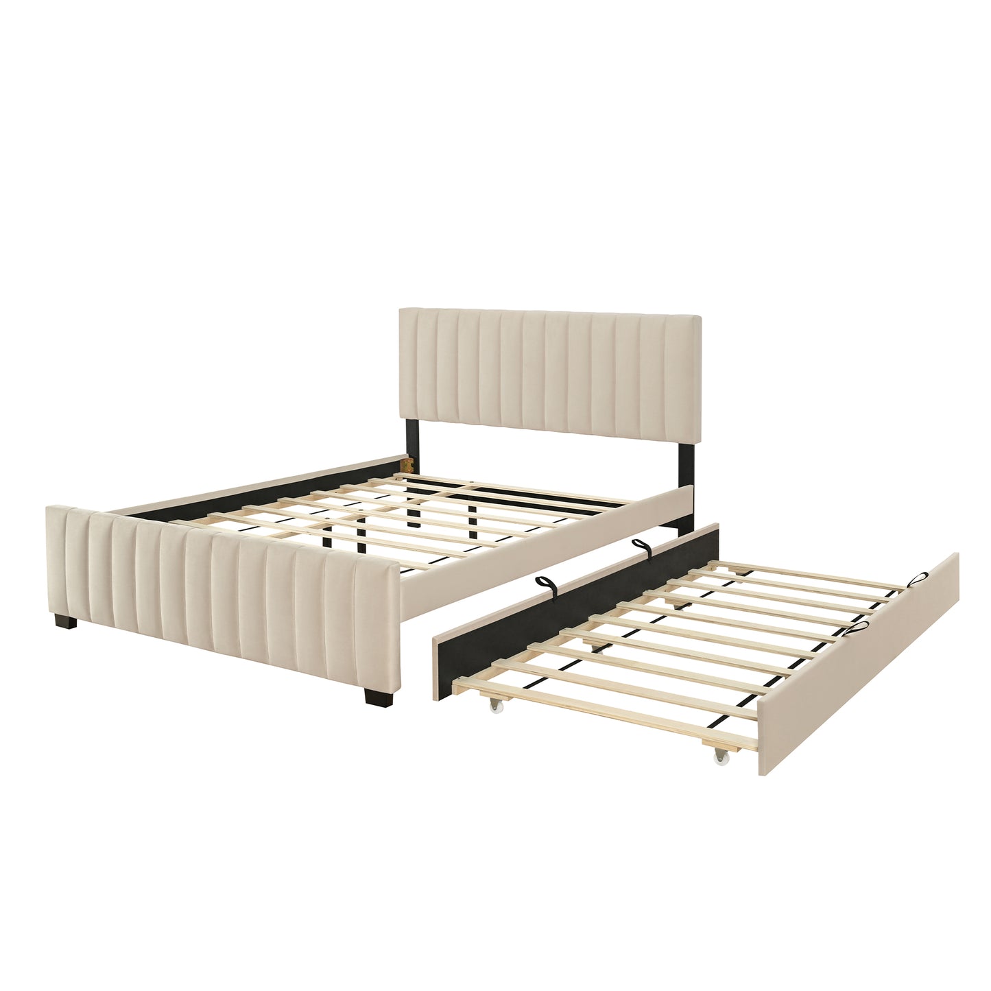Queen Size Velvet Upholstered Platform Bed with Twin XL Size Trundle, Beige image 7