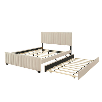 Queen Size Velvet Upholstered Platform Bed with Twin XL Size Trundle, Beige image 7
