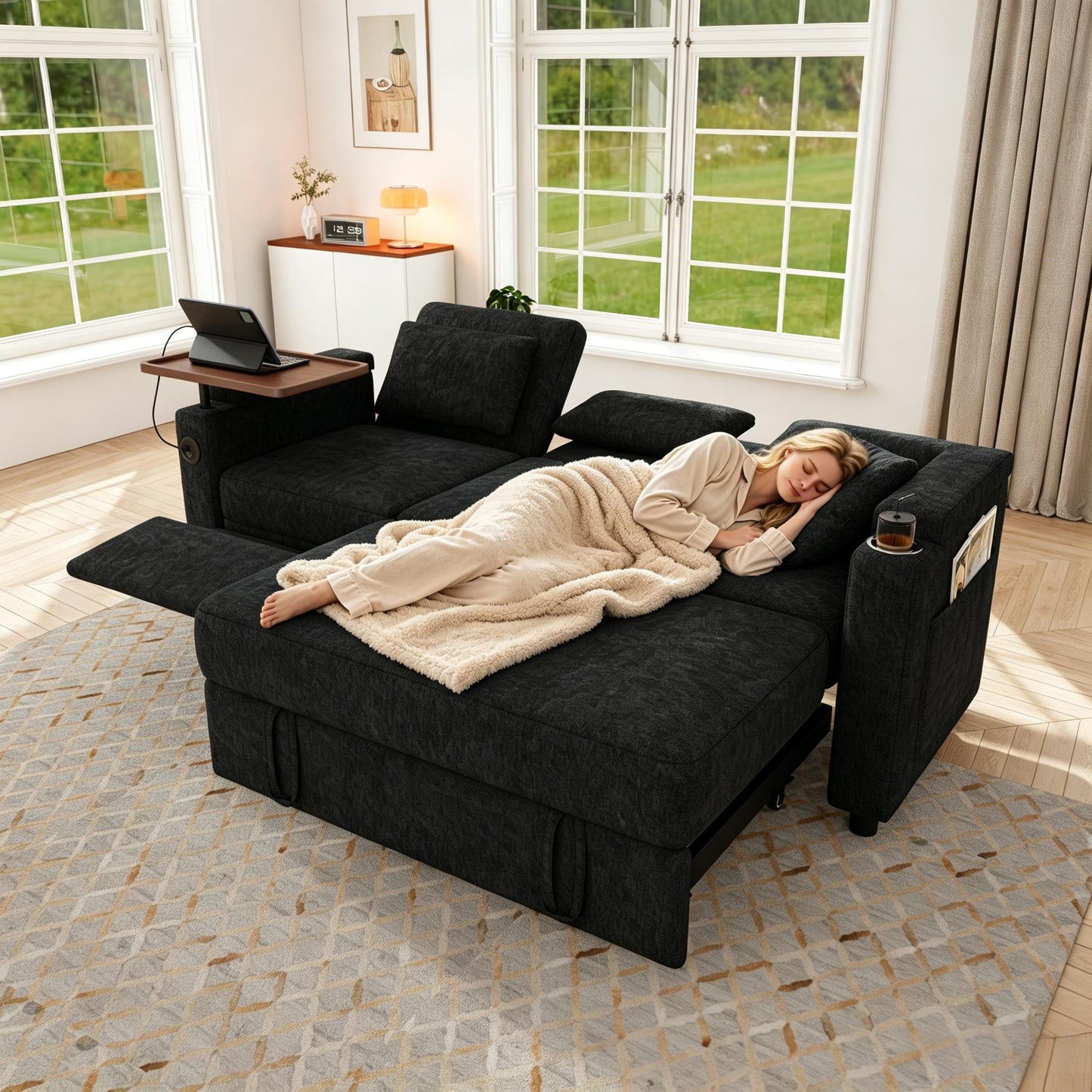 83-inch 3-in-1 foldable three-person sofa bed with a table board and USB ports, armrests with storage function. High-quality chenille three-person sofa. The sofa bed features adjustable backrest and p image 2