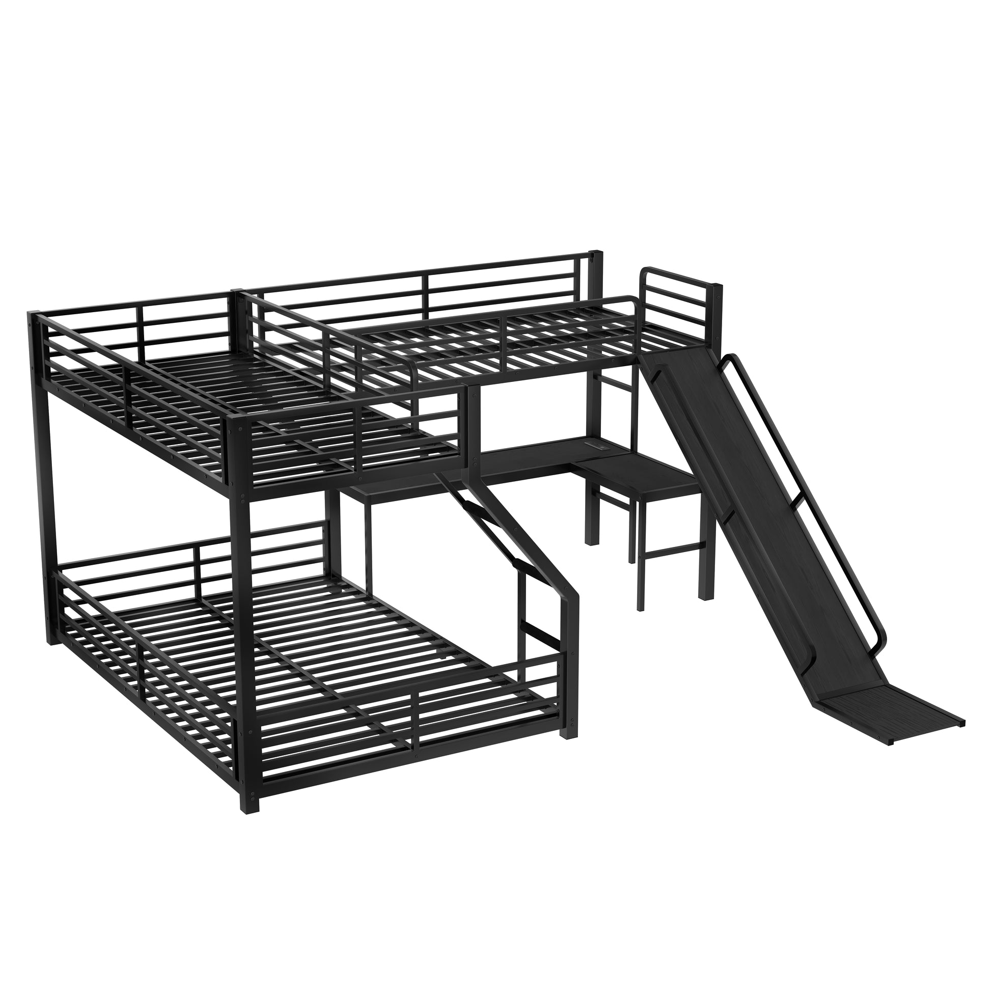 L-Shaped Twin XL over Queen Bunk Bed with Twin Size Loft Bed, Metal Triple Bunk Bed with Slide and USB Ports, Space-saving and Noise-free Design, Black image 6