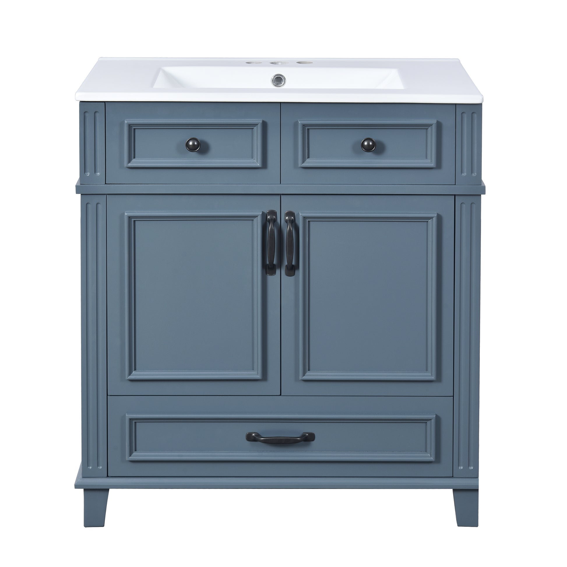 30'' Bathroom Vanity with Ceramic Sink,Solid Wood Frame Bathroom Storage Cabinet with Soft Closing Doors,Retro Style, Blue image 9