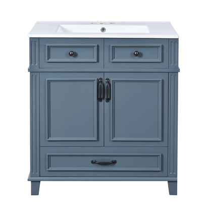 30'' Bathroom Vanity with Ceramic Sink,Solid Wood Frame Bathroom Storage Cabinet with Soft Closing Doors,Retro Style, Blue image 9