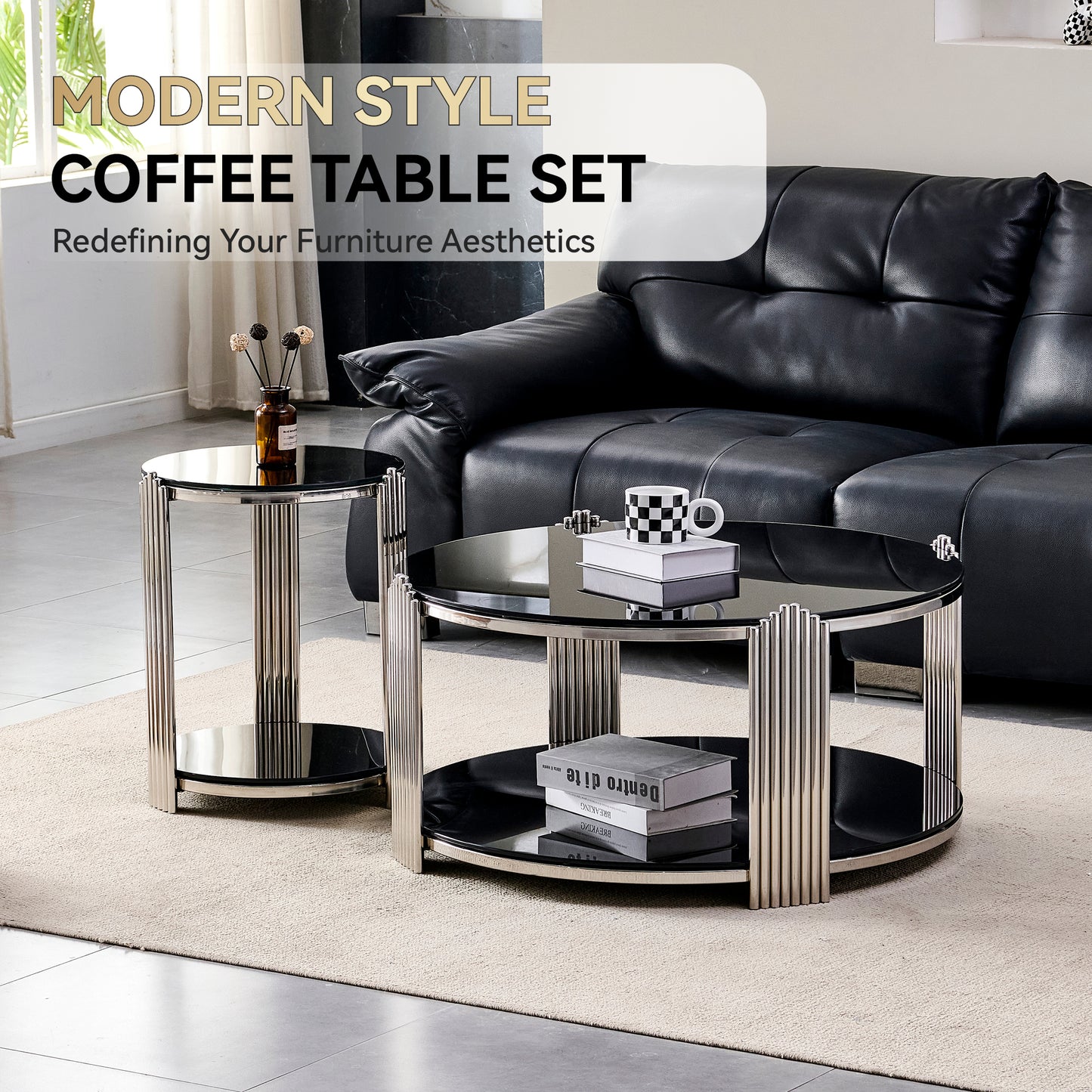 16.90 Inch Modern End Table, Bedside Table,Double-Layer Tempered Black Glass & Silver Stainless Steel Frame Living Room Table, Round Table,Easy Assembly. image 7
