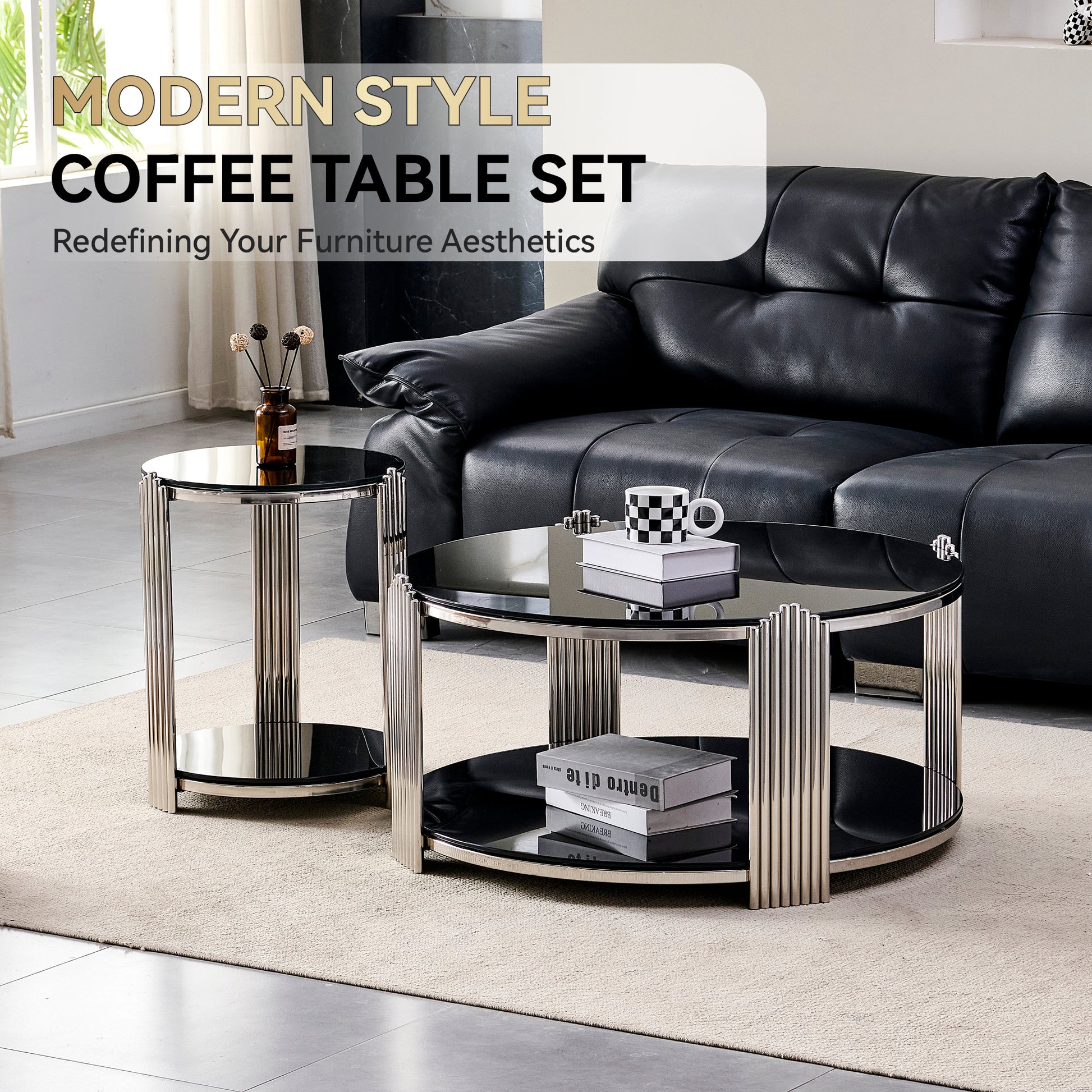 16.90 Inch Modern End Table, Bedside Table,Double-Layer Tempered Black Glass & Silver Stainless Steel Frame Living Room Table, Round Table,Easy Assembly. image 7