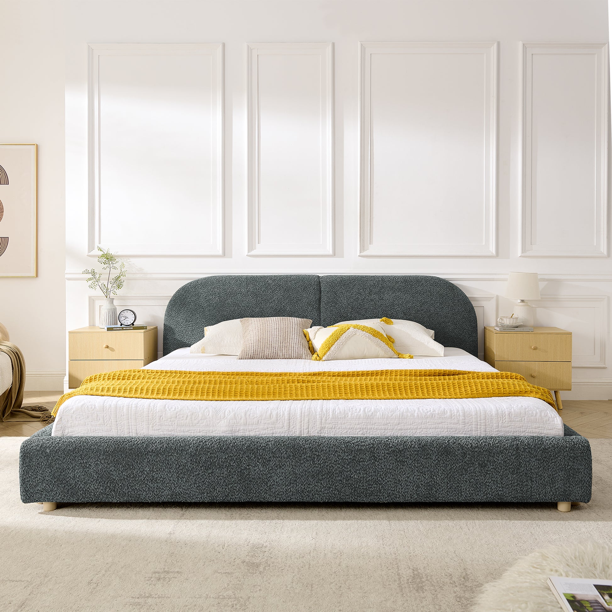 King Size Upholstered Bed Frame, Modern Minimalist Style with Tall Curved Headboard, Premium Circle Yarn Fabric & Sturdy Leg Support, Mattress Not Included-Dark Gray image 3
