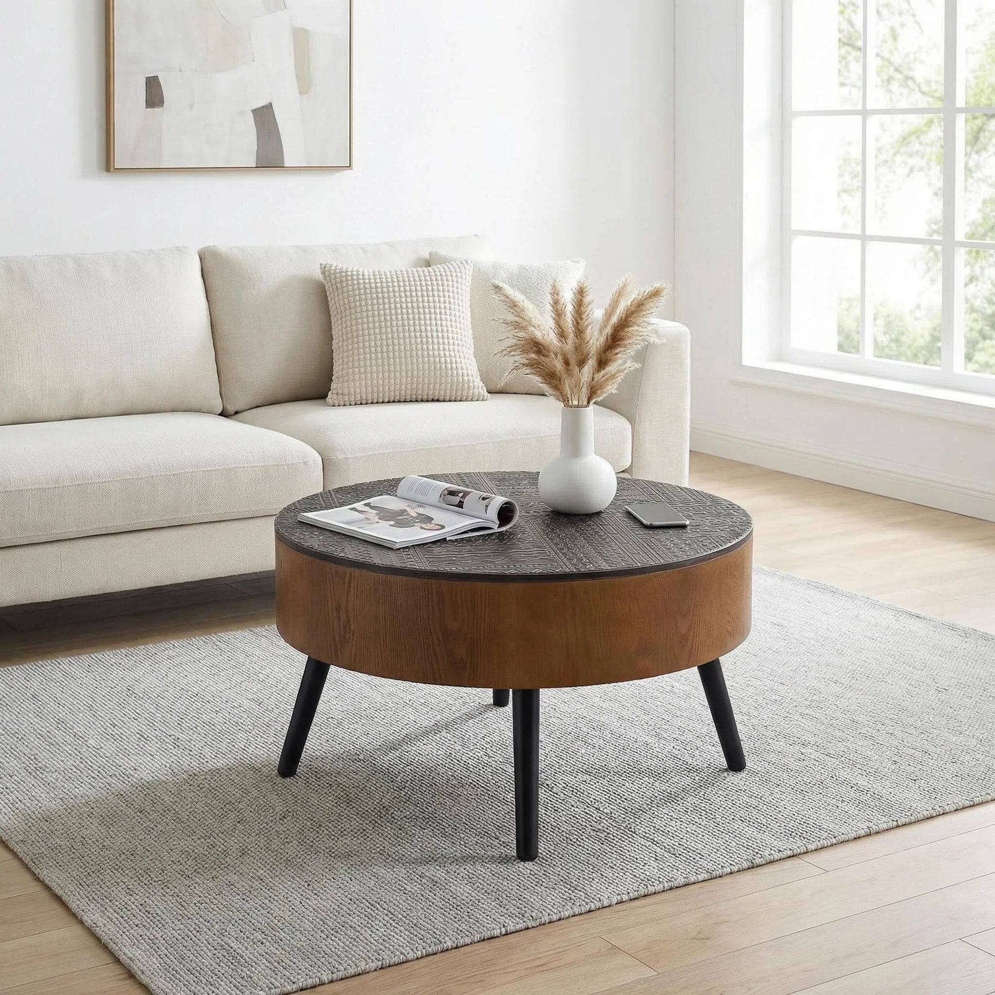 31.5-inch Round Carved Coffee Table with Storage Space, Mid-Century Modern Style Wooden Coffee Table, Four-Leg Design, 18-inch High, Living Room Accent Table (Brown and Black) image 1