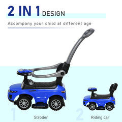 Aosom 2 In 1 Push Cars for Toddlers Kid Ride on Push Car Stroller Sliding Car with Horn Music Light Function Secure Bar Ride on Toy for Boy Girl 1-3 Years Old Blue
