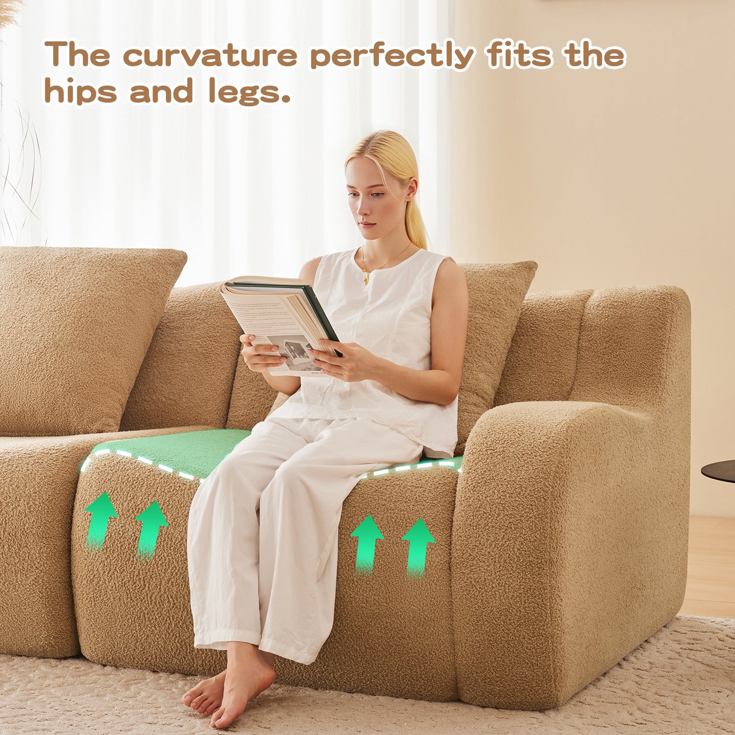 U-shaped Soft Teddy Fabric Boneless Sofa, Assembly Chaise,No Assembly Required Curved Armrest,Anti-Slip Design 32D High Density Sponge Streamlined Design,Fits Living Rooms Reading Nook,Camel image 11