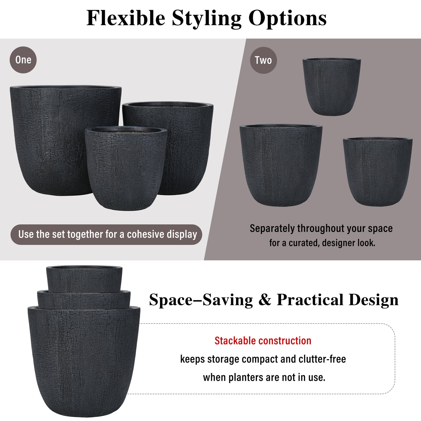 U_STYLE Lightweight MGO Planter Set of 3,16.93"+13.78"+11.02" Dia Round Concrete Stackable Flower Pots with Drainage Holes and Rubber Plug,Crackle Stone Texture for Patio Garden Balcony Indoor Outdoor image 8