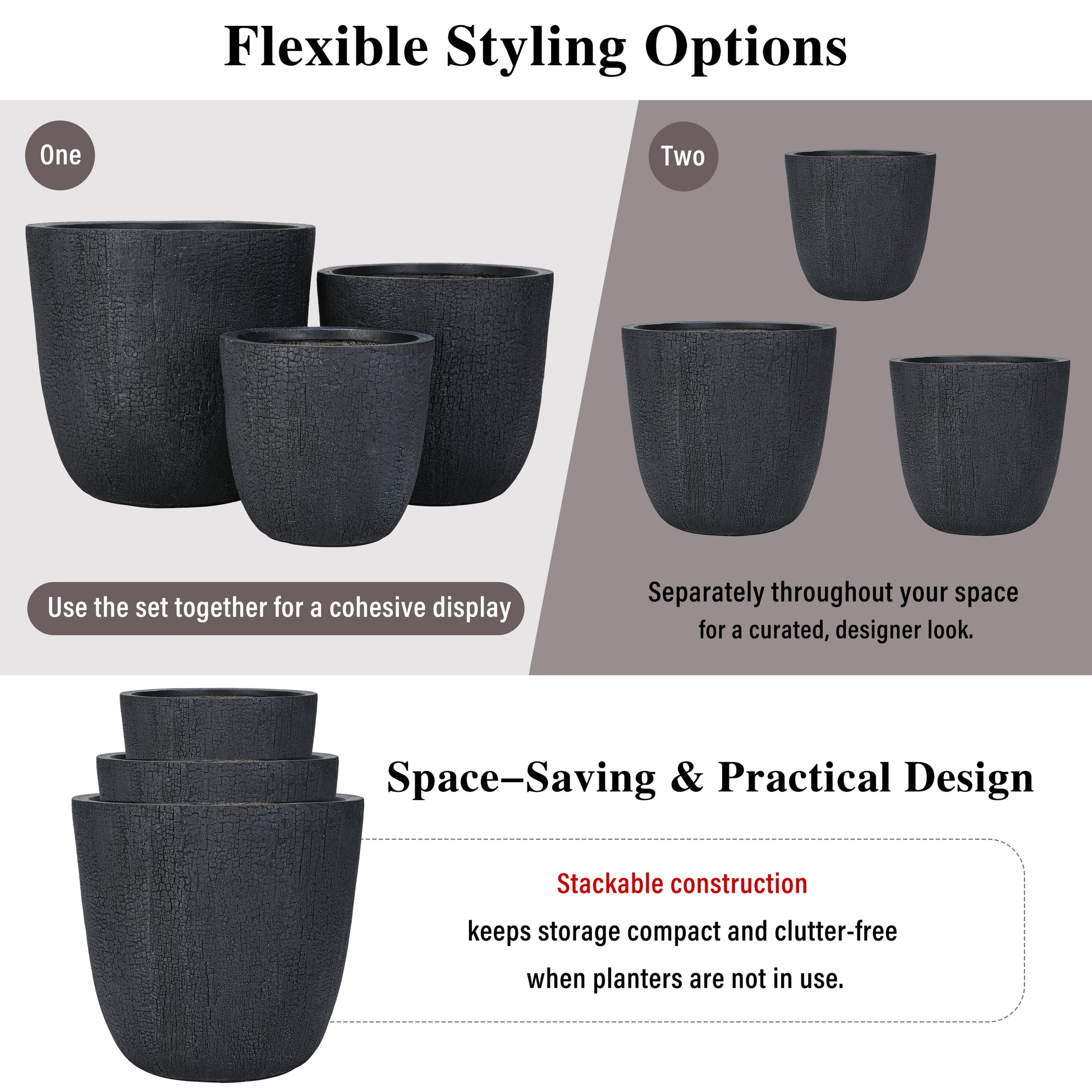 U_STYLE Lightweight MGO Planter Set of 3,16.93"+13.78"+11.02" Dia Round Concrete Stackable Flower Pots with Drainage Holes and Rubber Plug,Crackle Stone Texture for Patio Garden Balcony Indoor Outdoor image 8