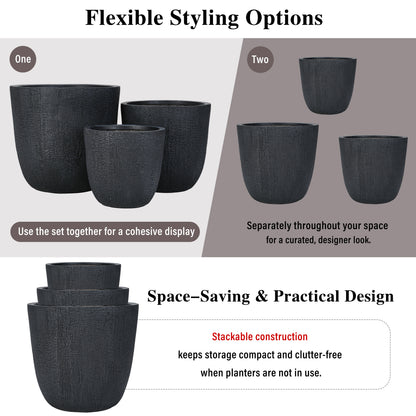U_STYLE Lightweight MGO Planter Set of 3,16.93"+13.78"+11.02" Dia Round Concrete Stackable Flower Pots with Drainage Holes and Rubber Plug,Crackle Stone Texture for Patio Garden Balcony Indoor Outdoor image 8