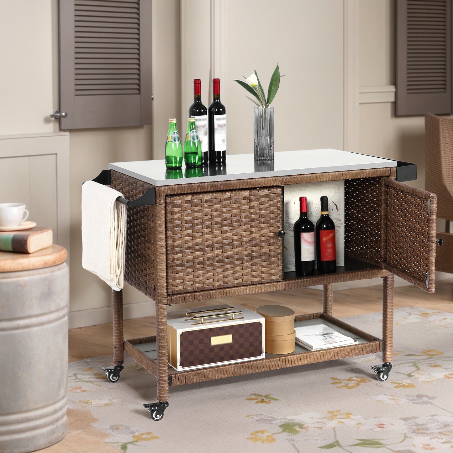 Outdoor Wicker Bar Cart, Patio Wine Serving Cart w/Wheels, Rolling Rattan Beverage Bar Counter Table with stainless steel Top for Porch Backyard Garden Poolside Party, Brown image 1