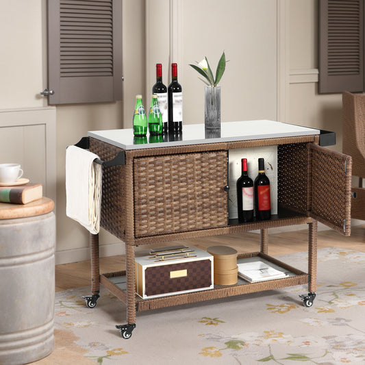 Outdoor Wicker Bar Cart, Patio Wine Serving Cart w/Wheels, Rolling Rattan Beverage Bar Counter Table with stainless steel Top for Porch Backyard Garden Poolside Party, Brown image 1