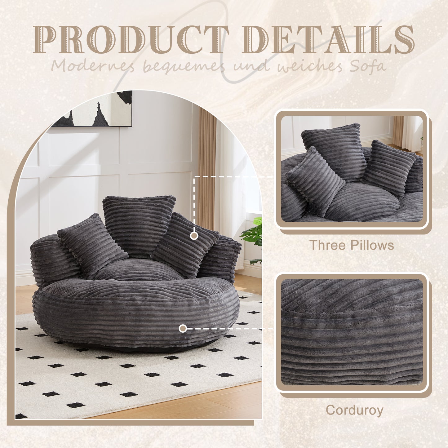 Bean Bag Chairs, Bean Bag Sofa for Adults, Kids,Oversized Corduroy Bean Bag Chair with 3 Pillows & Armrest,Beanbag Chair & Lazy Sofa with Foam Filler for Bedroom Living Room Dorm image 4