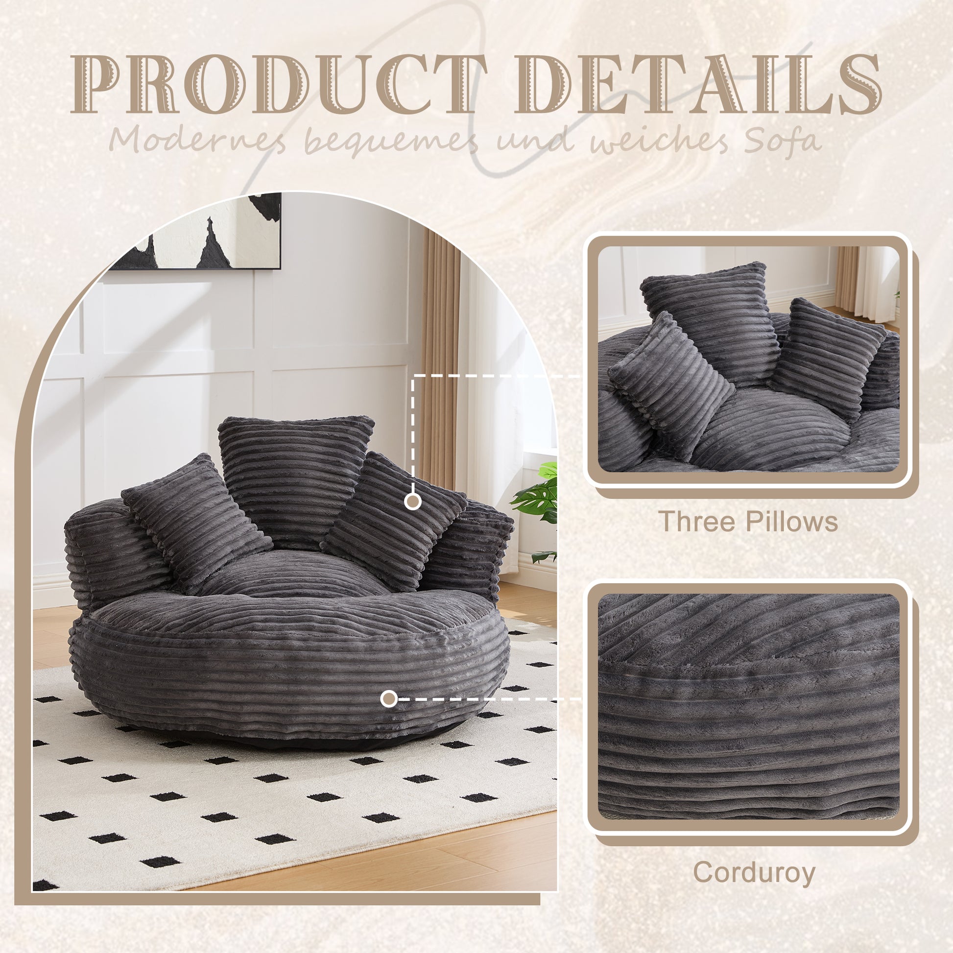 Bean Bag Chairs, Bean Bag Sofa for Adults, Kids,Oversized Corduroy Bean Bag Chair with 3 Pillows & Armrest,Beanbag Chair & Lazy Sofa with Foam Filler for Bedroom Living Room Dorm image 4