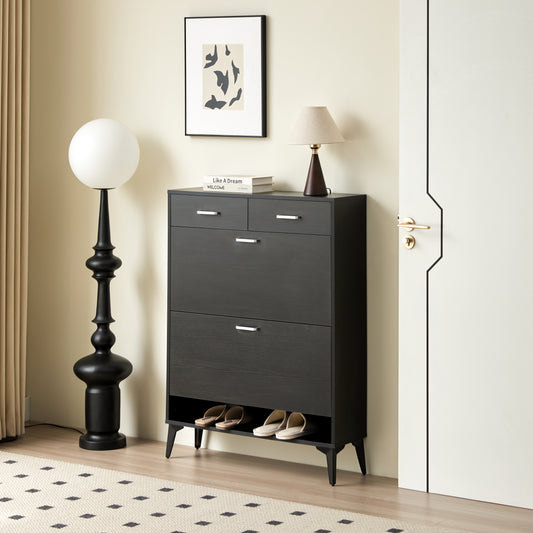 Large size Shoe Cabinet,Free Standing Tipping Bucket Shoe Rack Organizer with 2 Flip Drawers&2 Drawer,Modern Tipping Bucket for Entryway,Hallway,Bedroom-black image 1