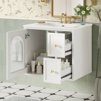 24" Bathroom Vanity Set Wall Mounted for Small Space, Bathroom Cabinet with Ceramic Sink, 2 Drawers and 1 Soft-Close Door image 2