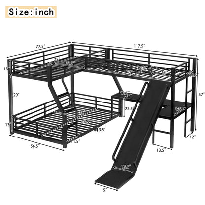 L-Shaped Twin over Full Bunk Bed with Twin Size Loft Bed, Metal Triple Bunk Bed with Slide and USB Ports, Space-saving and Noise-free Design, Black image 5