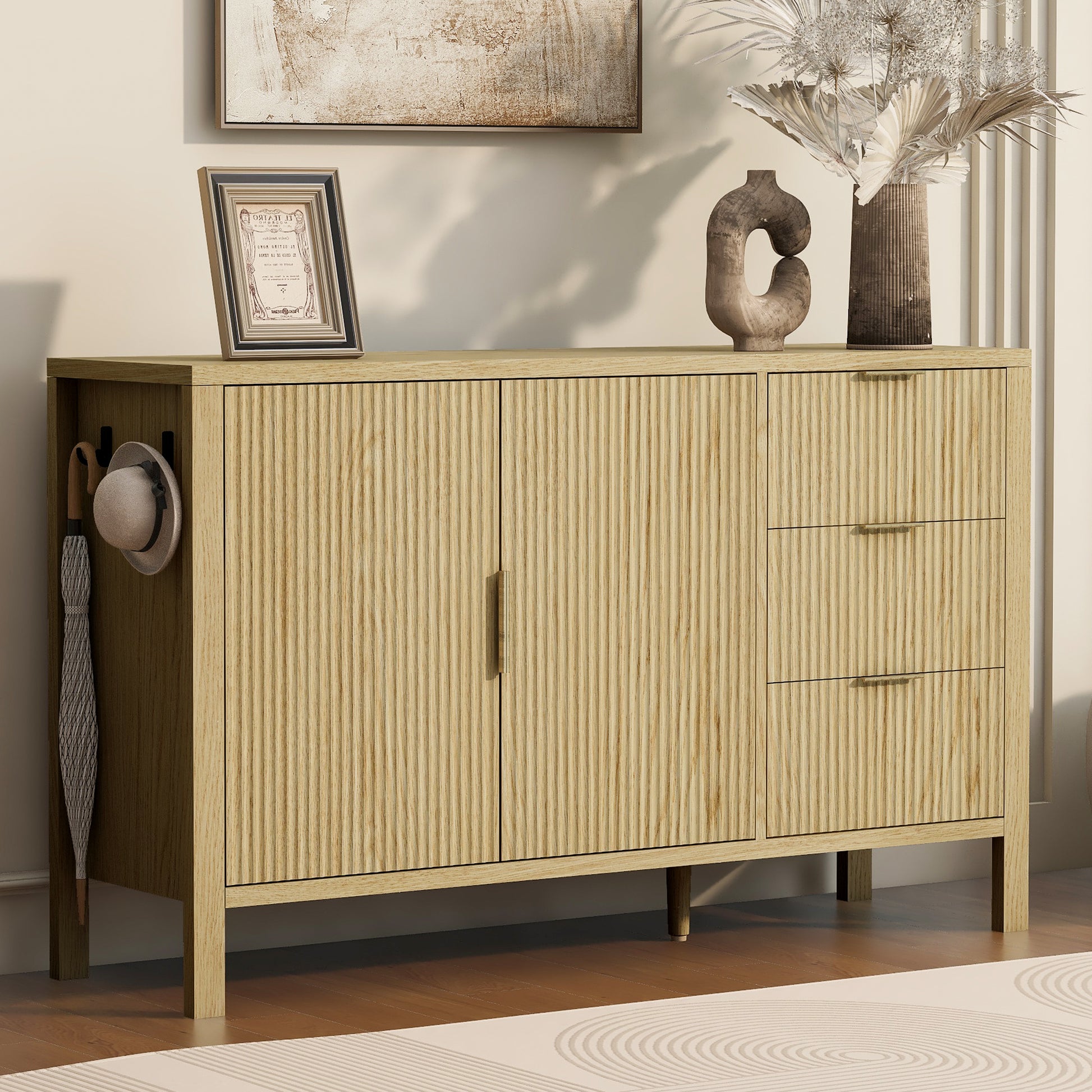 U-Style Modern Wave-Pattern Sideboard with 3 Drawers, Large Storage Buffet Cabinet with Hooks and Extra Center Leg,Suitable for Living Room,Entryway,Hallway. image 5