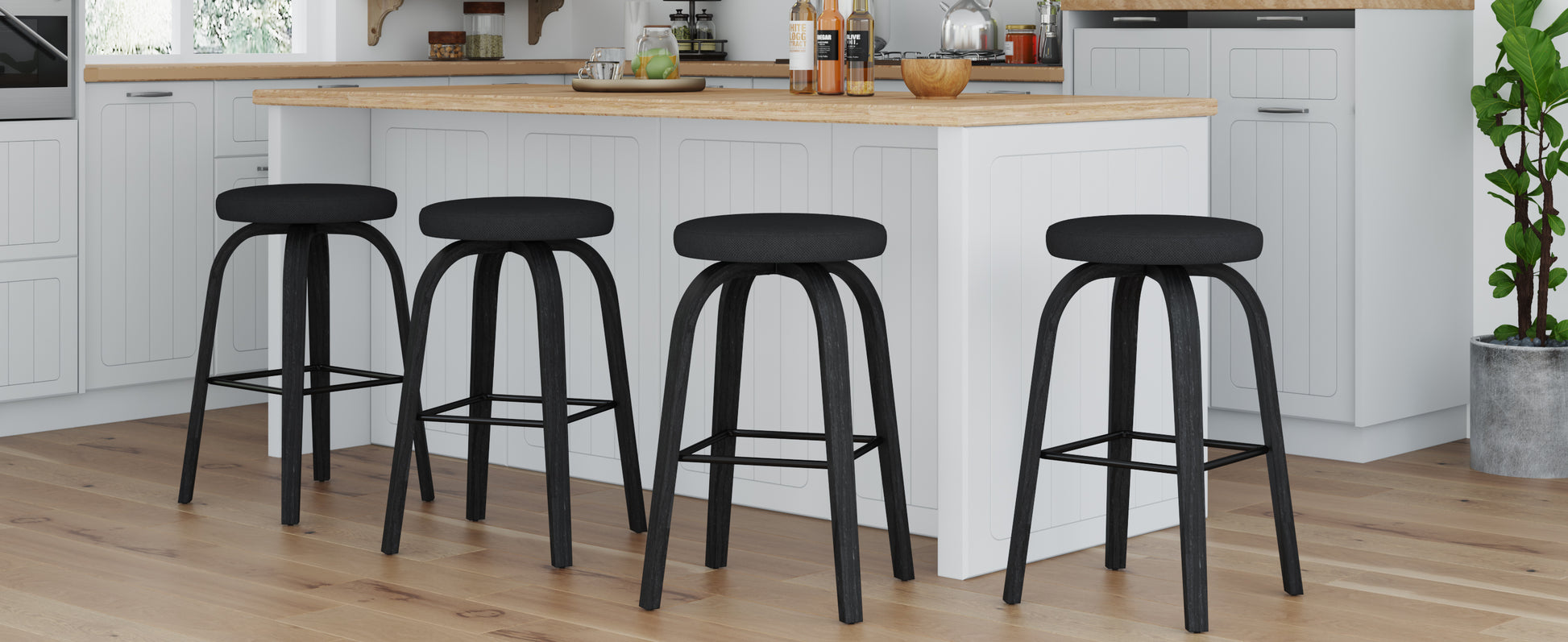 Swivel Bar Stools Set of 2, Bar Height Backless 30″ Bar Stool, Fabric Upholstered Seat, Sturdy Wood Legs and Metal Footrest, Mid-Century Modern Island Stools for Home Bars, Restaurants, All-black image 4