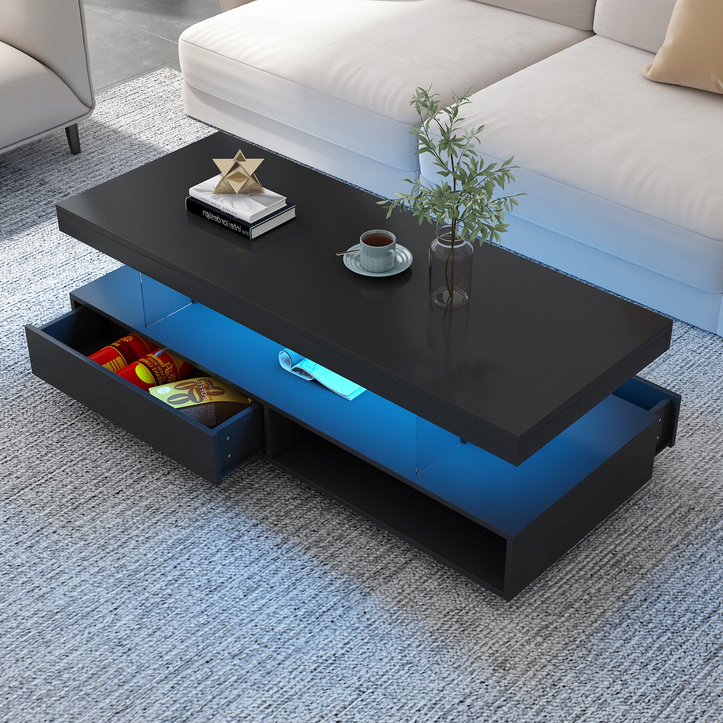 VIBE HAUS LED Coffee Table with Storage, Modern Center Table with 2 Drawers and Display Shelves, Accent Furniture with LED Lights for Living Room,Black image 3
