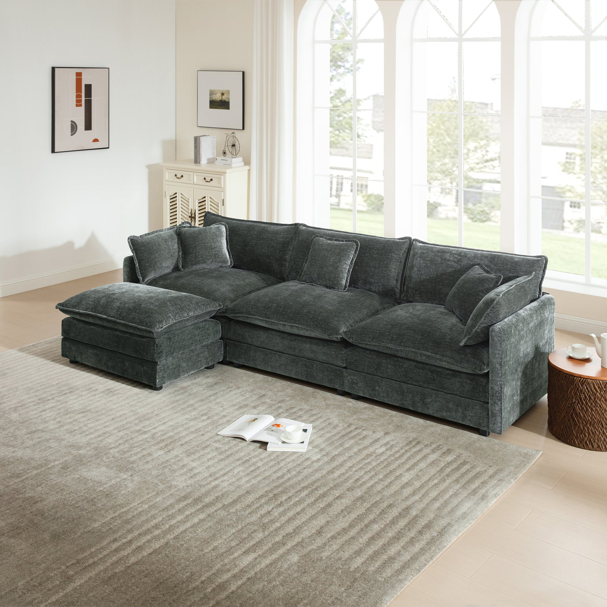 Free Combination Comfy Upholstery Modular Oversized L Shaped Sectional Sofa With Reversible Ottoman, Gray Chenille image 1
