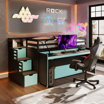 Twin XL Loft Bed with Pull-Out Desk and Twin Trundle, Multi-Functional Bunk Bed with 2 Storage Drawers and Storage Steps, Space-Saving Gaming & Workstation Bedframe, Black+Blue image 3